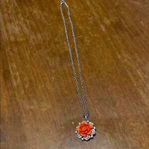 Elegant Silver Necklace with Orange Rose Pendant